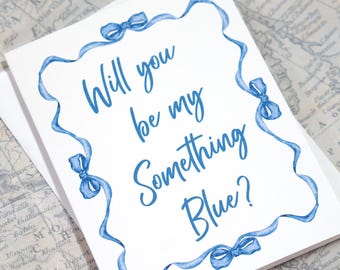 Tarjeta de propuesta para dama de honor / ¿Quieres ser mi algo azul? / Cinta azul acuarela - Tarjeta plegada de 4.25 x 5.5 pulgadas y sobres blancos
