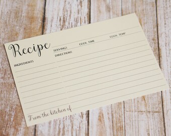 Cream Double Sided Recipe Card - Wedding Kitchen Shower Gift - Simple Lined Index Card Style - Size 4x6