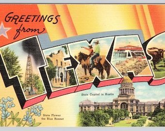 Texas Postcard Greetings from Large Letter Linen 1940s Card of TX Unposted - Size 5.5x3.5