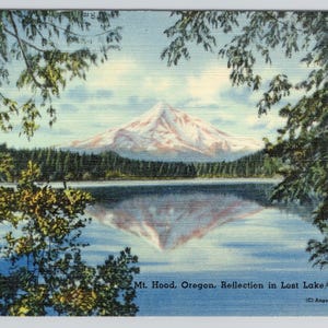 Mt Hood Oregon Vintage Linen Postcard of Mountain Reflection - Linen Size 3.5x5.5