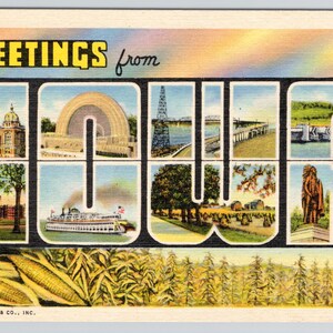 May include: Vintage postcard with the words "GREETINGS from IOWA" in yellow and black. The postcard features various images of Iowa landmarks, including buildings, bridges, and landscapes. The bottom of the postcard shows corn and a field.