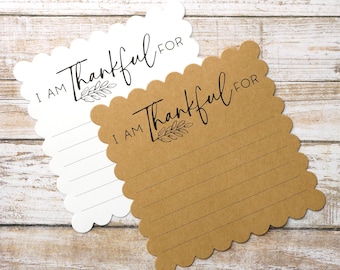 I Am Thankful For Cards | Printed Thanksgiving or Friendsgiving Thankful Card for Table | Scalloped Square 4.5 inches