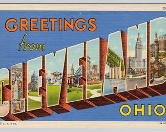 Cleveland Ohio 1930s Postcard Greetings from Large Letter Linen - Old Post Card Size 3.5x5.5