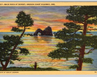 Oregon Postcard of Mack Rock at Sunset on the Oregon Coast Highway Arch - Linen Card Size 3.5x5.5