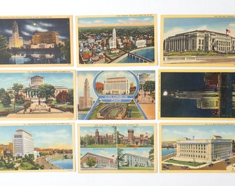 Columbus Ohio Postcard Set of 9 Vintage Linen Post Cards from University and Capital City in Ohio - Size 5.5x3.5 inch