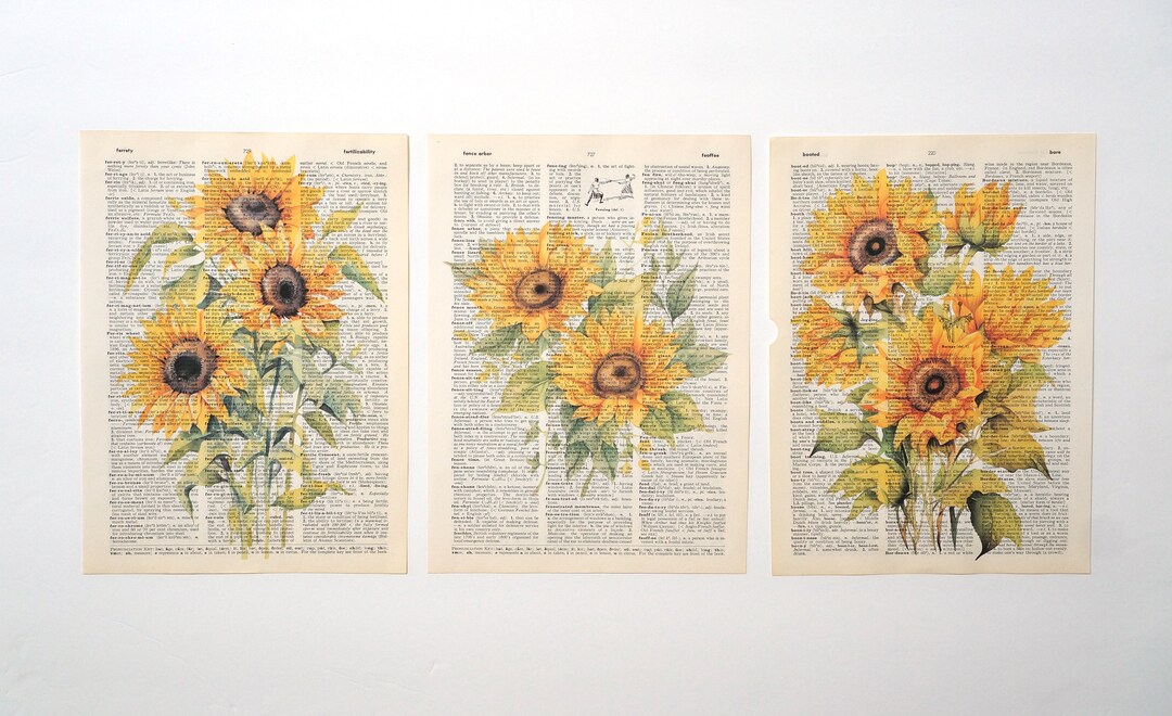 Sunflower Dictionary Art Prints Set of 3 Autumn Flowers Yellow Fall Floral Vertical Wall Art ...