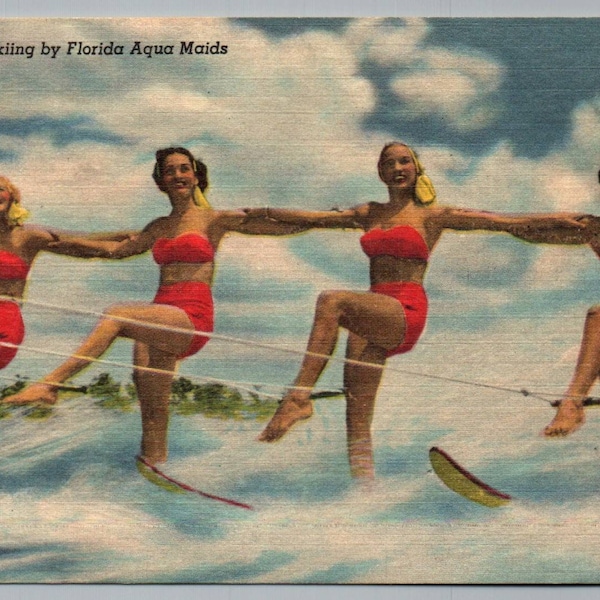 Florida Vintage Postcard - Water Skiing by Florida Aqua Maids at Cypress Gardens - 1940s Linen Unposted Standard Size Card