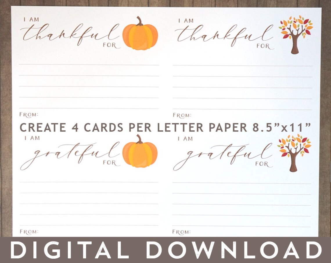 I Am Thankful for Cards, Gratitude Cards Printable PDF, Thanksgiving or ...