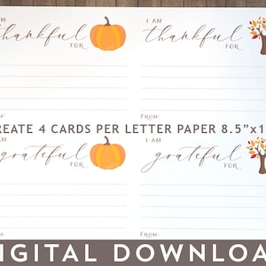 I Am Thankful for Cards, Gratitude Cards Printable PDF, Thanksgiving or ...