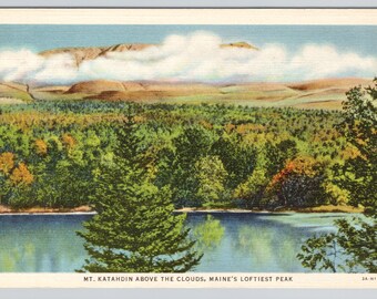 Mount Katahdin Maine Postcard - Above the Clouds Great Mountain Loftiest Peak in Maine - Authentic Linen Size 5.5x3.5