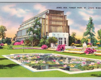 Peut inclure: Une carte postale vintage représentant le Jewel Box à Forest Park, St. Louis, Missouri. L'image montre une grande serre en verre entourée de pelouses vertes, d'arbres et d'un bassin rectangulaire rempli de nénuphars roses et jaunes en fleurs.