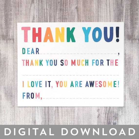 Printable Kids Thank You Cards | Fill in the Blank Thank You Note Card for Kid | Printable A2 PDF | Print at Home | Digital Download