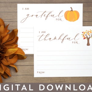 Cartões de agradecimento, cartões de gratidão para impressão em PDF, cartões de agradecimento para mesa de Ação de Graças ou Dia de Ação de Graças entre amigos, arquivos digitais de árvore de abóbora