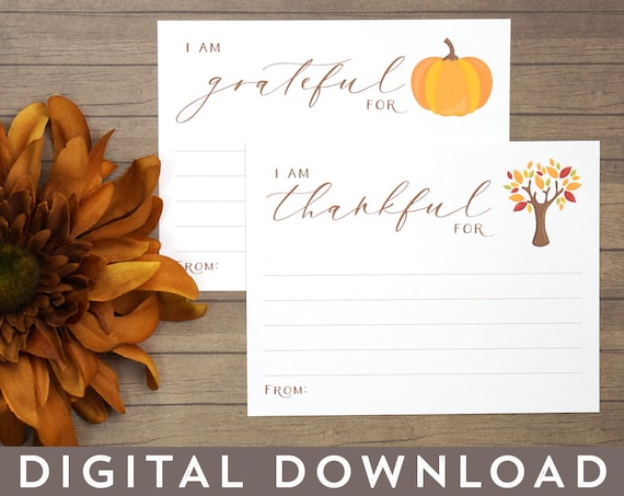 I Am Thankful For Cards, Gratitude Cards Printable PDF, Thanksgiving or Friendsgiving  Thankful Table Cards, Pumpkin Tree Digital Files