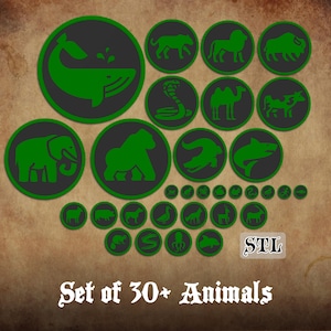 Puede incluir: Una colección de iconos circulares con siluetas de animales en verde sobre un fondo gris oscuro. El conjunto incluye varias criaturas como una ballena, un elefante, un gorila, un león y una serpiente. Aparece el texto "Set of 30+ Animals" y "STL".