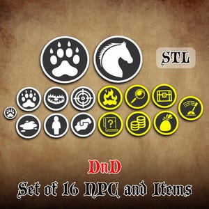DnD Universal NPC & Item Token Set of 16 | Instant Download 3D Printable STLs | Tabletop Gaming | TTRPG | Travel-friendly | Customizable