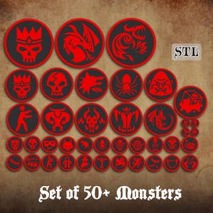 May include: A collection of over 50 circular tokens featuring red monster and creature icons on a dark gray background. The set includes various designs such as skulls, dragons, spiders, and zombies. The text STL and Set of 50+ Monsters are visible.