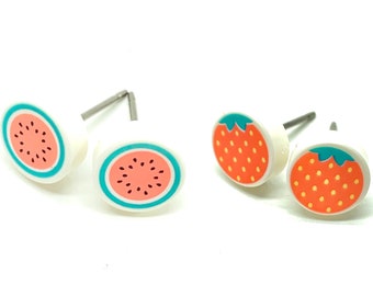 2 Pack Brick Fruit (Watermelon/Strawberry) Stud Earrings