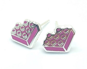 Cutebricks Pink Brick Heart Enamel Stud Earrings