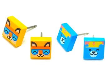 2 Pack Brick Print (Fox/Bear) Stud Earrings