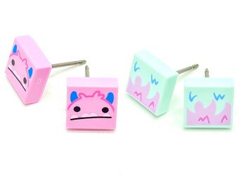 2 Pack Brick Print (Pink Monster/Fur) Stud Earrings