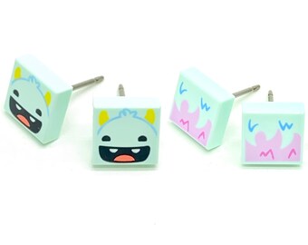 2 Pack Brick Print (Green Monster/Fur) Stud Earrings