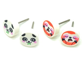 2 Pack Brick Print (Panda/Sloth) Stud Earrings