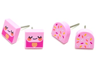 2 Pack Brick Pink Ice Cream Print (Face/Sprinkles) Stud Earrings