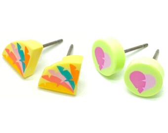 2 Pack Brick Print (Feathers/Feathered Heart) Stud Earrings