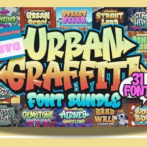 Può includere: Una grafica colorata che mostra un "Urban Graffiti Font Bundle" con 31 font. Il design presenta scritte audaci e stilizzate in vari colori, con esempi di font aggiuntivi e il testo "Introducing SVG".