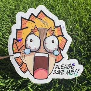 Pode incluir: Um adesivo com um personagem de desenho animado com uma expressão angustiada, olhos arregalados e boca aberta. O personagem tem cabelo espetado amarelo e laranja. O texto "PLEASE SAVE ME!!" é visível no adesivo.