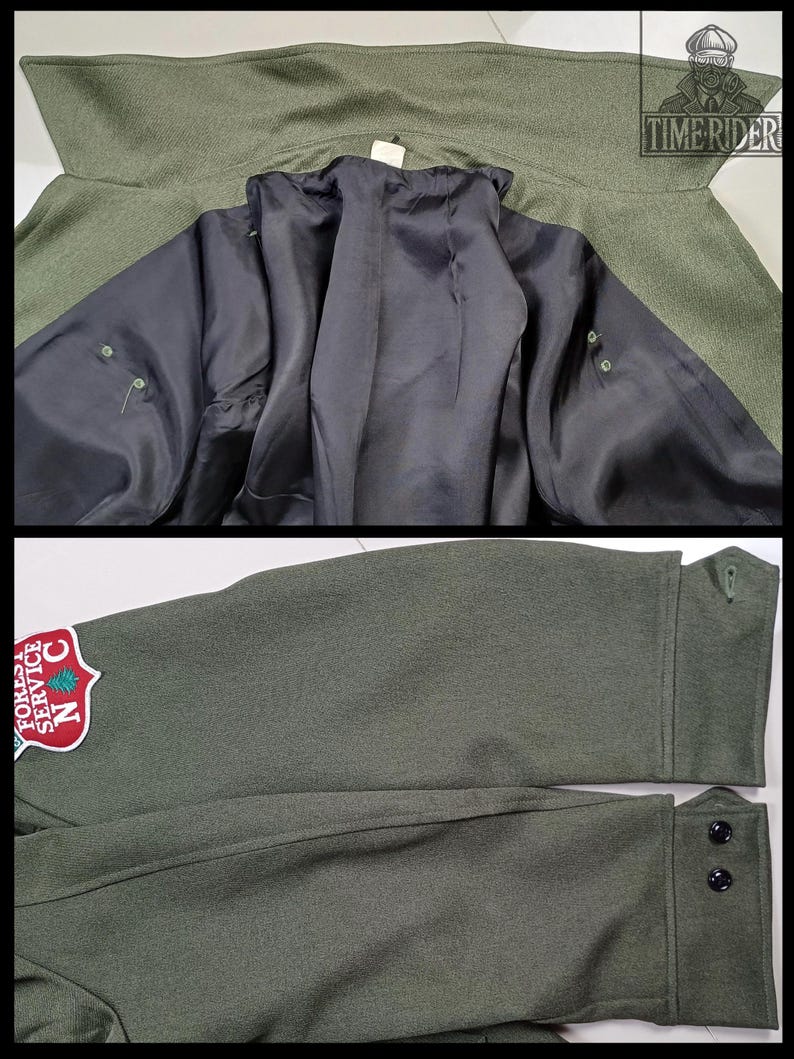 Pode incluir: Casaco de l&atilde; verde-oliva com forro de cetim preto. O casaco apresenta uma gola larga e punhos abotoados. Um patch do Servi&ccedil;o Florestal N.C. &eacute; vis&iacute;vel na manga. Estilo vintage.
