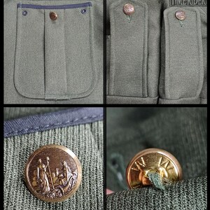 Pode incluir: Close-up de um casaco militar verde-oliva com bolsos detalhados e bot&otilde;es dourados decorativos. Os bot&otilde;es apresentam um design em relevo. O casaco tem um tecido texturizado e um design cl&aacute;ssico.