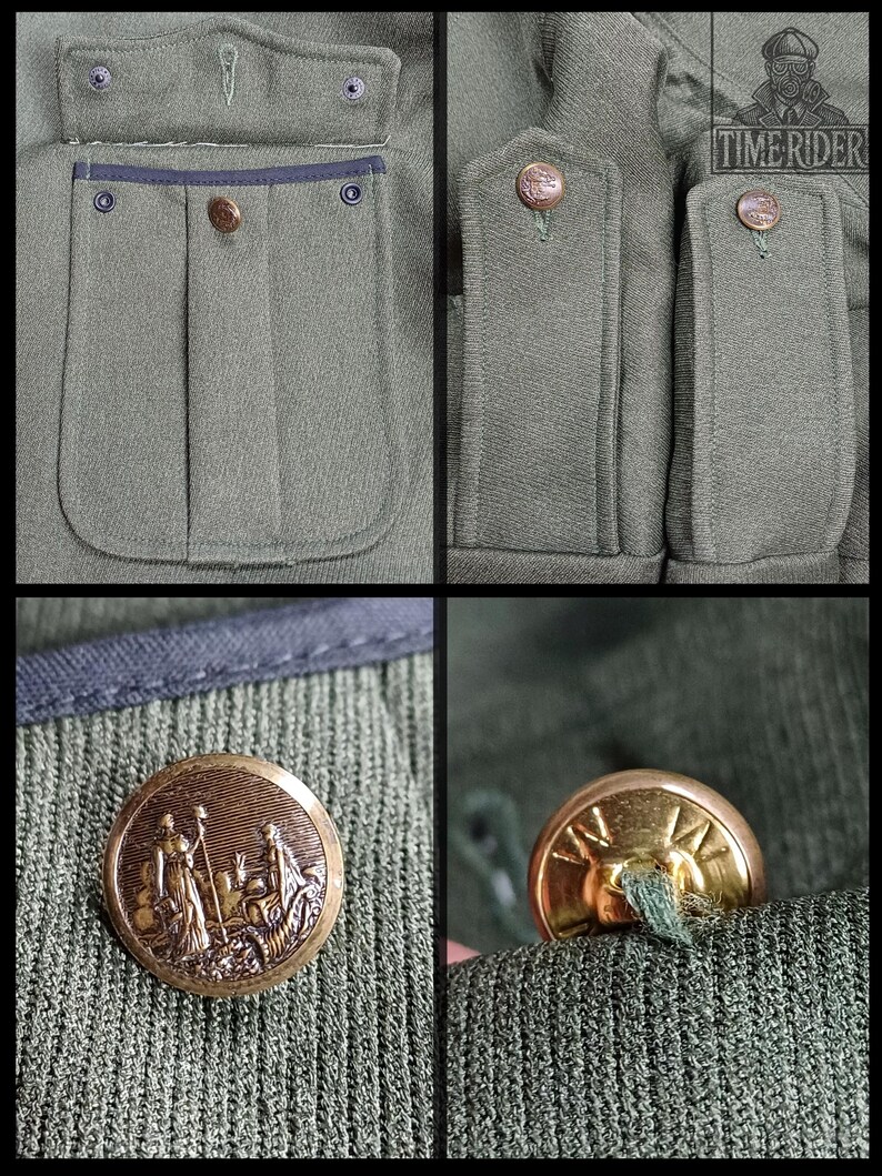 Pode incluir: Close-up de um casaco militar verde-oliva com bolsos detalhados e bot&otilde;es dourados decorativos. Os bot&otilde;es apresentam um design em relevo. O casaco tem um tecido texturizado e um design cl&aacute;ssico.