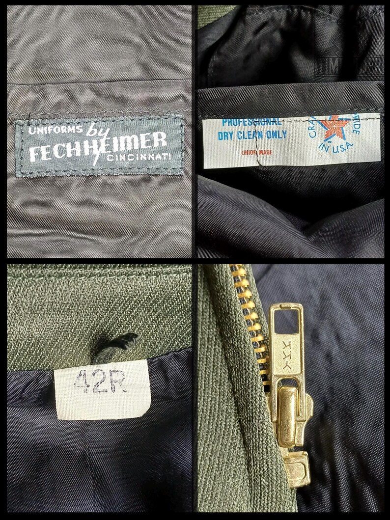 Pode incluir: Vista de perto de um casaco de uniforme verde-oliva vintage. A imagem mostra etiquetas com texto, incluindo "UNIFORMS by FECHHEIMER CINCINNATI", "PROFESSIONAL DRY CLEAN ONLY" e "42R". Um fecho de correr YKK dourado tamb&eacute;m &eacute; vis&iacute;vel.