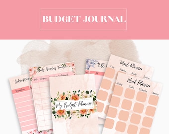 May include: A set of printable budget planner pages with floral designs. The pages include a daily spending tracker, a subscription tracker, a bill tracker, and a meal planner.