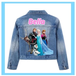 Frozen Princess Custom Denim Jacket Elsa, Anna and Olaf.