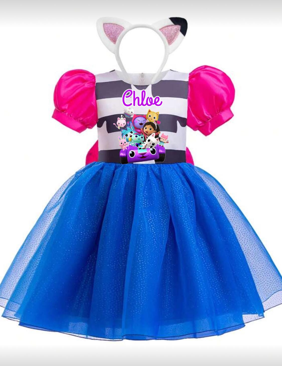 open lace back dress Dreamworks, GABBY'S DOLLHOUSE cotton & tulle party dress, EUC, size 1, L:  43cm  DaisyChainClothing