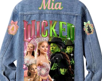 Chaqueta vaquera personalizada para niños con el musical Wicked, inspirada en Glinda y Elphaba, con nombre personalizado.