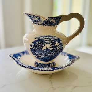 Vintage Blau Weiß Krug und Schüssel Set Antike Waschbecken Transferware Krug Cottagecore Bauernhaus Dekor Staffordshire Style