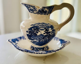 Vintage Blue White Pitcher and Bowl Set Antique Wash Basin Transferware Jug Cottagecore Farmhouse Decor Staffordshire Style