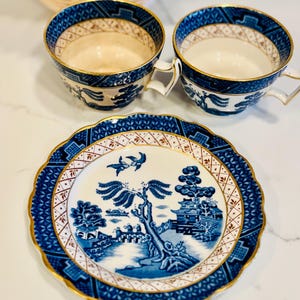 Vintage Booths Real Old Willow Blue and White Teacup and Saucer Set with Gold Trim Made in England