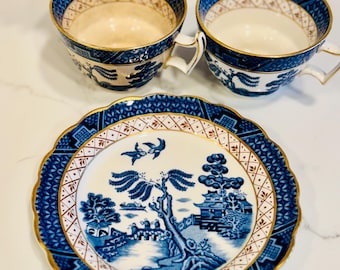 Vintage Booths Real Old Willow Blue and White Teacup and Saucer Set with Gold Trim Made in England