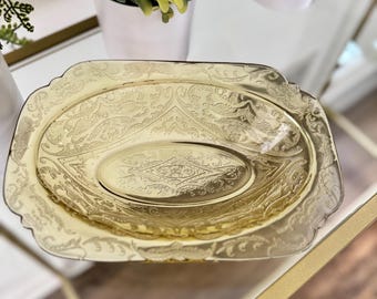 Vintage Yellow Depression Glass Oval Platter Princess Pattern by Hocking 1930s Topaz Glass 10 Inch Serving Dish