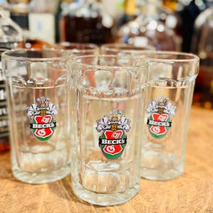 Set of 5 Becks Beer Mugs Vintage Bar Glasses German Brewery Barware Never Used