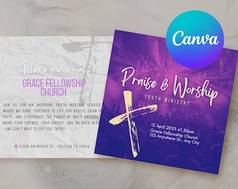 Church 5 X 5 Square Youth Ministry Card, Christian Church Service Invitation, Sunday Invite | High-Resolution Editable Canva Template