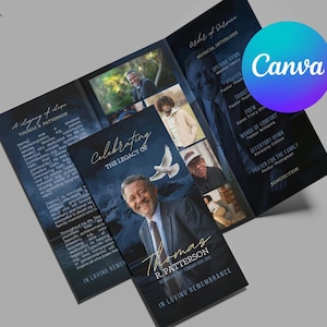 Blue Mountain Trifold Funeral Program Template, Celebration of Life, In Loving Memory, Editable in Canva, Legacy Obituary for Men, 11x8.5 in