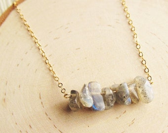 Labradorite Necklace, Dainty Gemstone Bar Necklace in Sterling Silver or 14k Gold Filled, Raw Crystal Layering Necklace, Raw Stone Jewelry