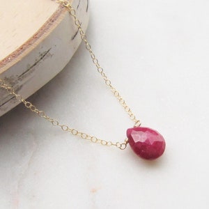 Genuine Ruby Necklace 14k Gold Filled Choker, Dainty Real July Birthstone Pendant, Teardrop Briolette Gemstone Jewelry, July Birthday Gift