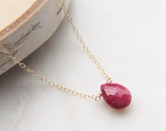 Genuine Ruby Necklace 14k Gold Filled Choker, Dainty Real July Birthstone Pendant, Teardrop Briolette Gemstone Jewelry, July Birthday Gift